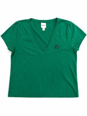 Maeve Anthropologie Green V-Neck Tee Medium Embroidered Detail Basic Top
